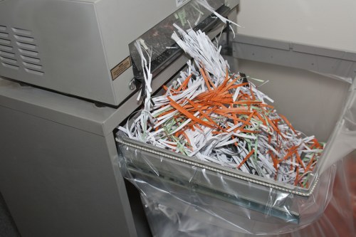 A large, grey office shredder with an open paper collection tray overflowing with torn paper strips in white, orange, and green, situated on a grey office desk or workstation. The shredded paper is piled up and spilling over the edges of the transparent plastic bag placed underneath, which captures the waste. In the background, parts of the shredder's body and nearby office furniture or equipment are faintly visible, indicating an indoor office environment. The scene suggests document disposal or shredding activity typical of professional waste management services such as those provided by Commercial Waste Covent Garden, serving central London areas with paper waste removal. The image highlights the handling and collection of shredded paper, emphasizing the importance of proper document waste disposal and recycling in commercial settings within the Covent Garden district.